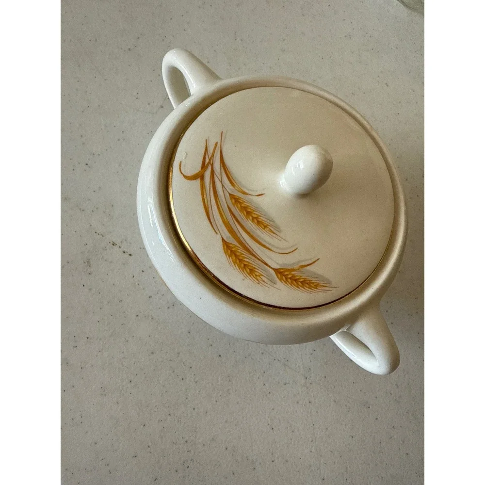 Vintage Golden Wheat Ceramic Sugar Bowl with Lid Double Handle Cream Gold Trim‎